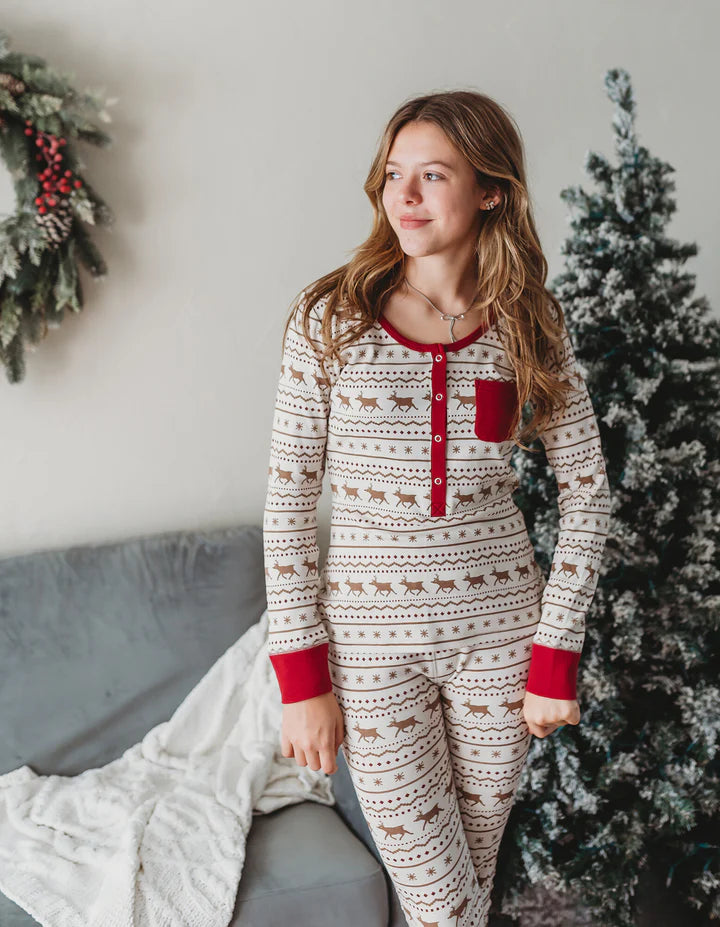 Women's Organic Holiday 2-Pc Lounge Set with Cap | Fair Isle Rudolph