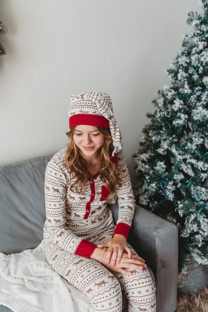 Women's Organic Holiday 2-Pc Lounge Set with Cap | Fair Isle Rudolph