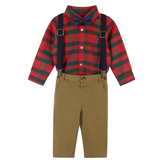 4-Piece Red Holiday Plaid Buttondown Shirt & Pant Set