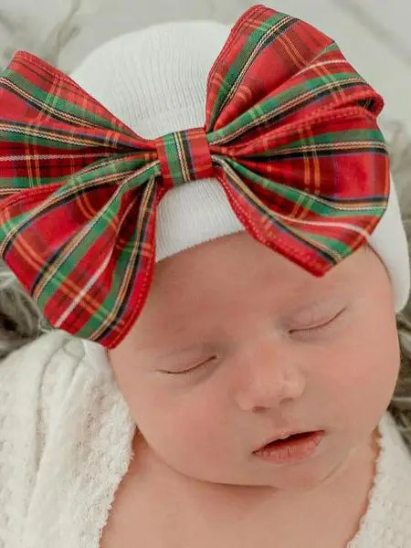 Hospital Hat | White with Christmas Plaid Bow