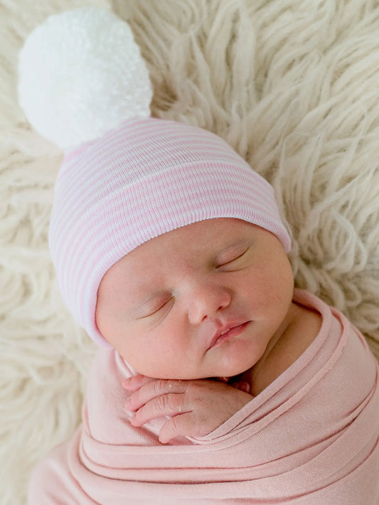 Newborn Hospital Hat with Pom | Pink Stripes