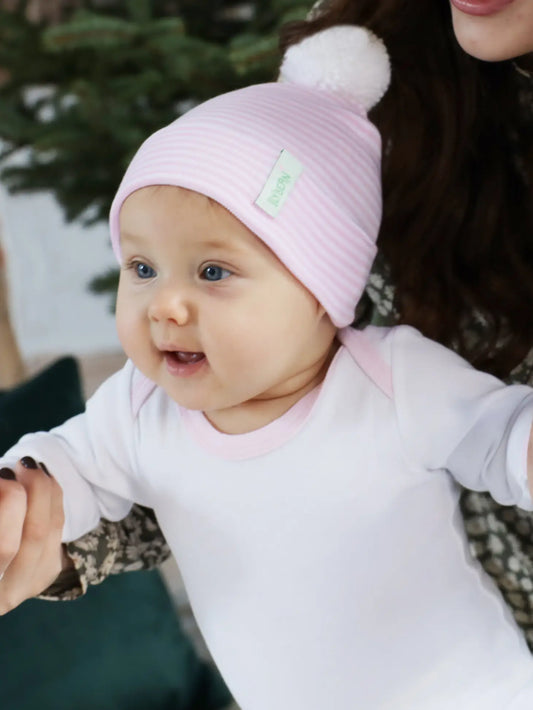 Newborn Hospital Hat with Pom | Pink Stripes