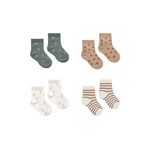 Printed Socks, Set of 4 | cocoa stripe, stars, trees, ditsy