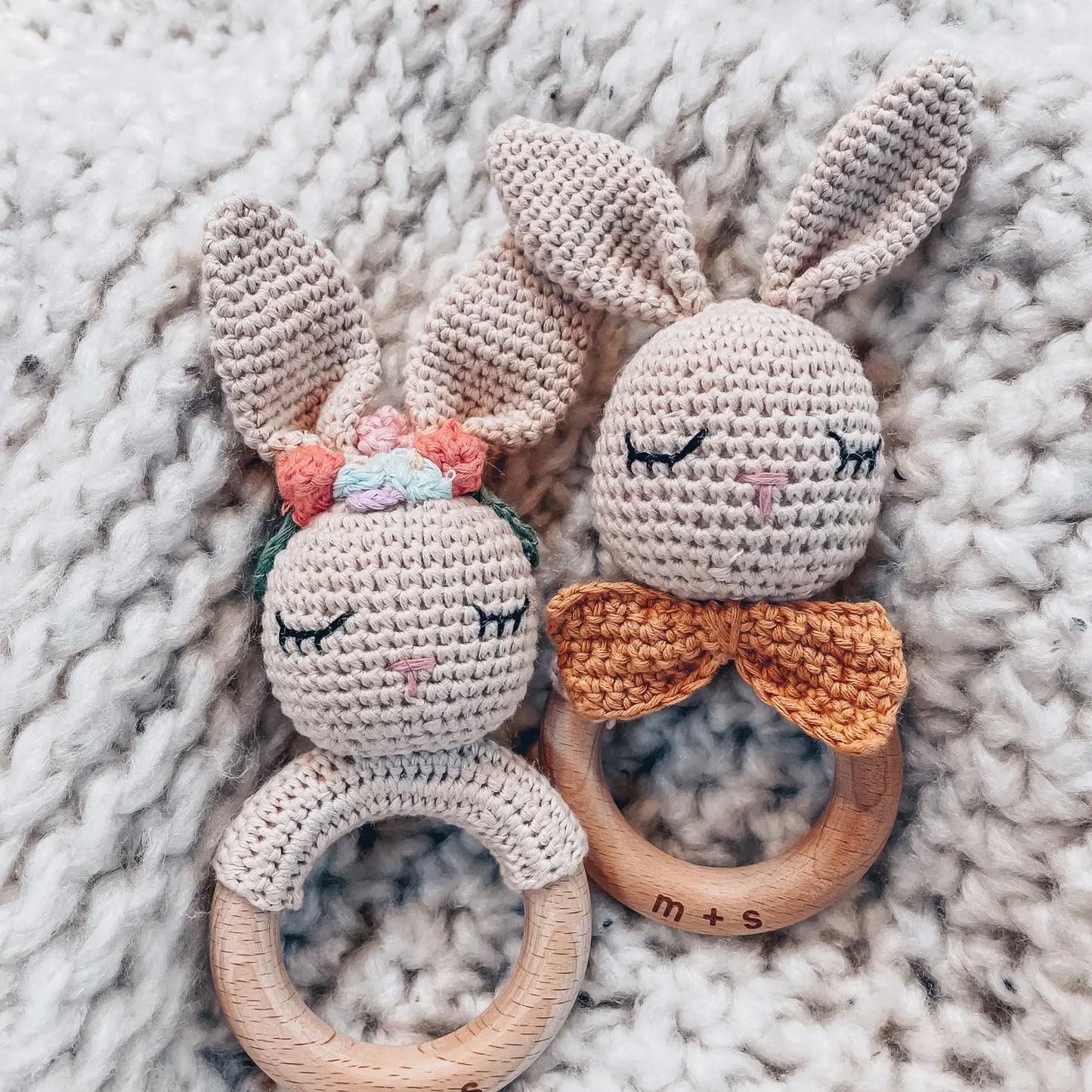 Floral Bunny Hand Crochet Rattle | Beige
