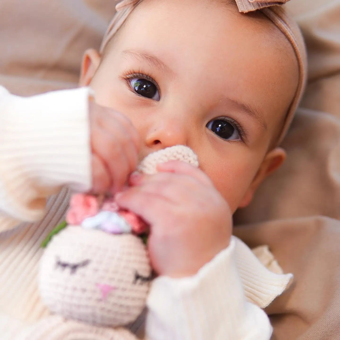 Floral Bunny Hand Crochet Rattle | Beige