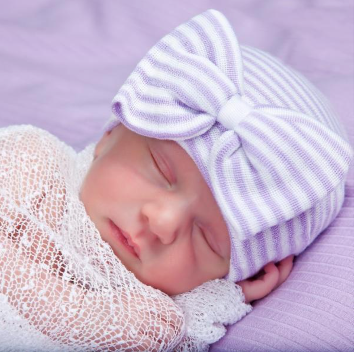 Newborn Hospital Hat with Bow| Purple Stripe
