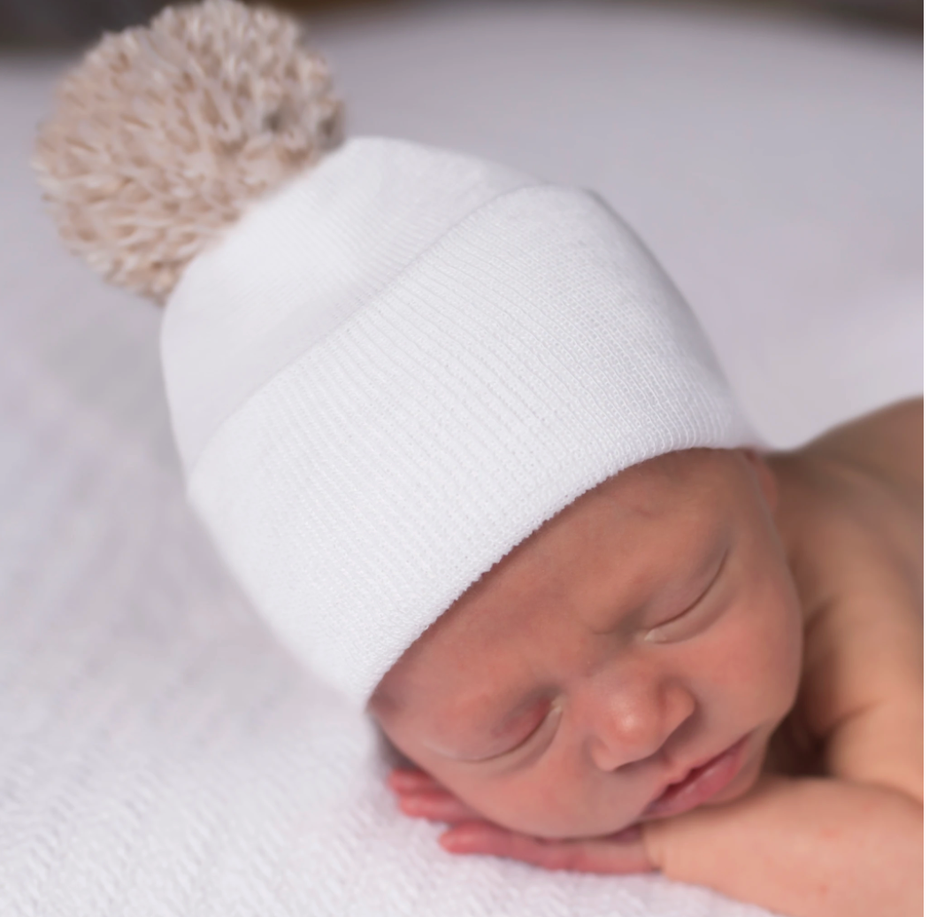 Newborn Hospital Hat with Pom | White with Tan Pom