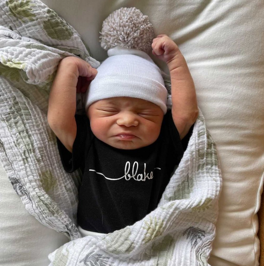 Newborn Hospital Hat with Pom | White with Tan Pom