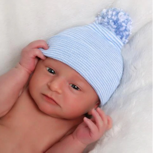 Newborn Hospital Hat with Pom | Blue Striped Mixed