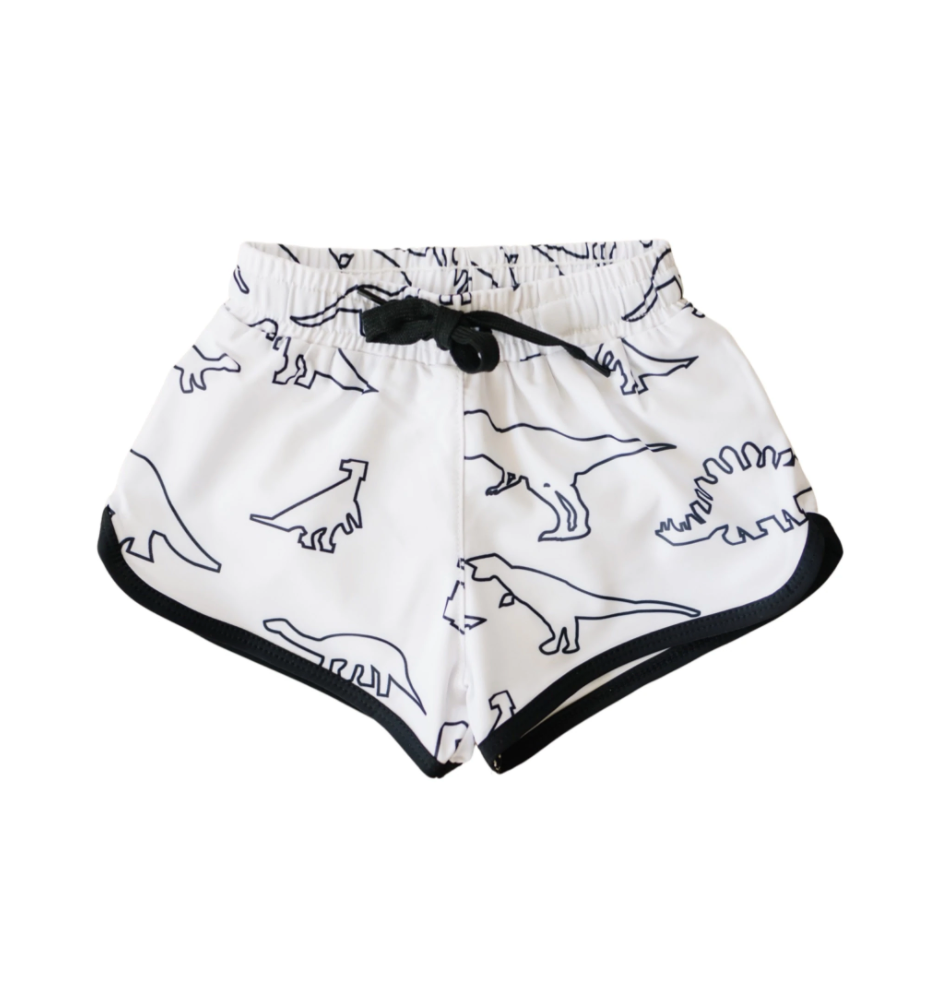 Rex Swim Trunks | White & Navy Dino