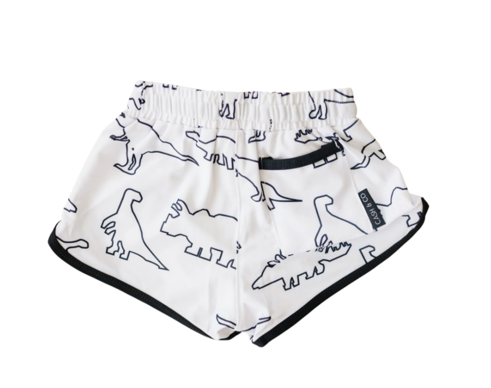 Rex Swim Trunks | White & Navy Dino