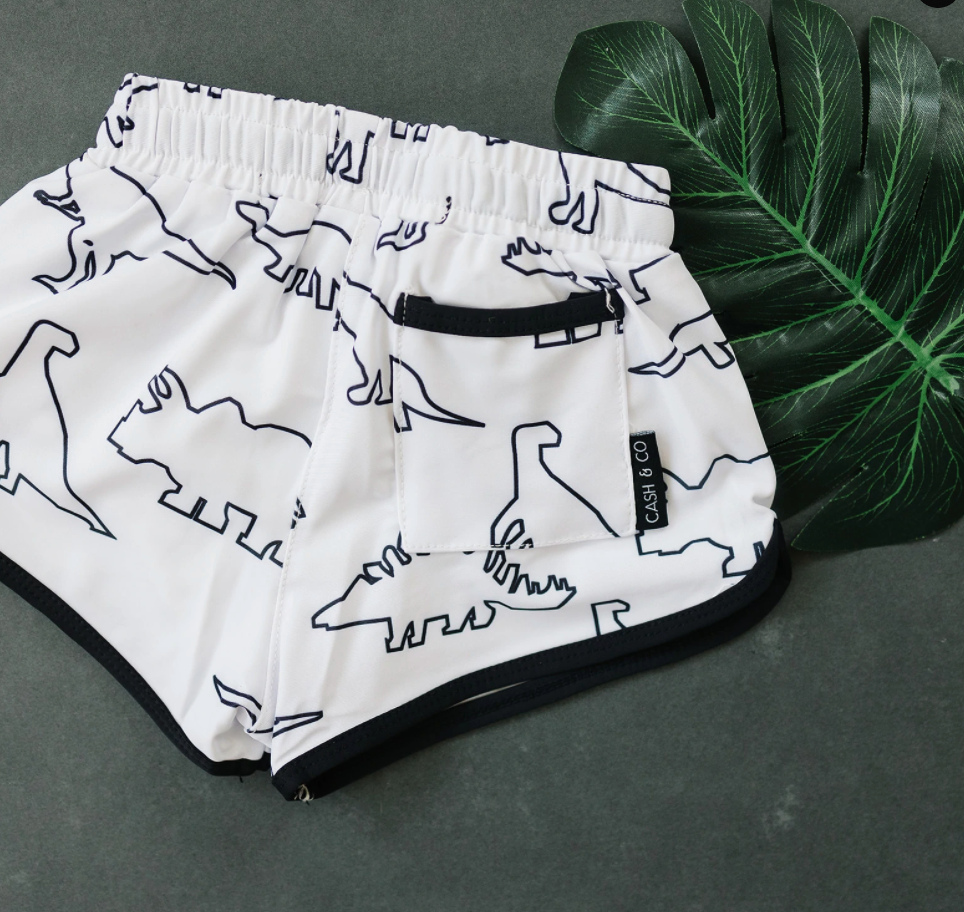 Rex Swim Trunks | White & Navy Dino
