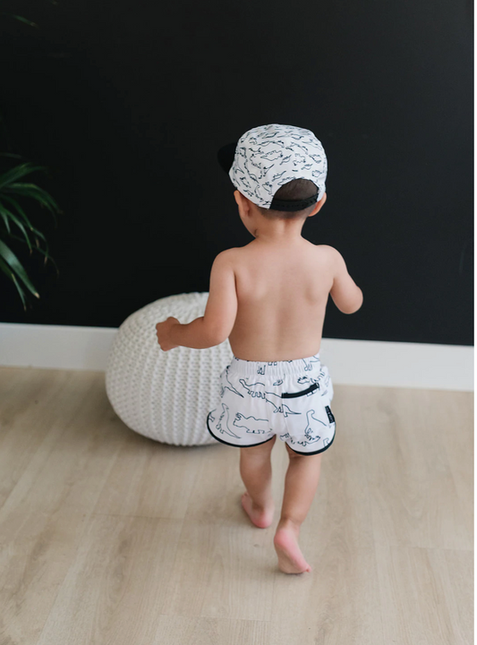 Rex Swim Trunks | White & Navy Dino