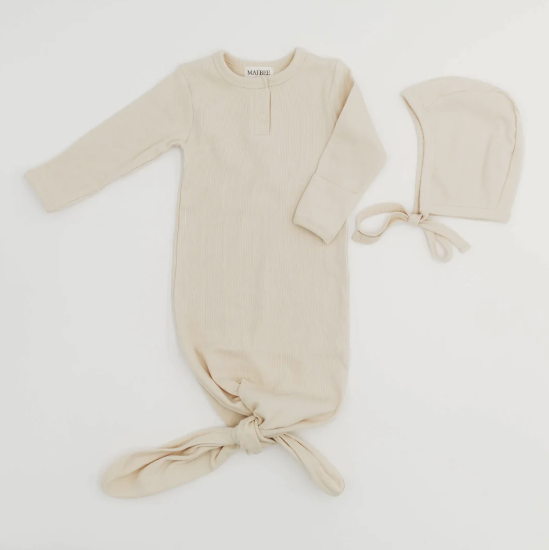 Pencil Ribbed Knotted Gown + Bonnet | Wheat
