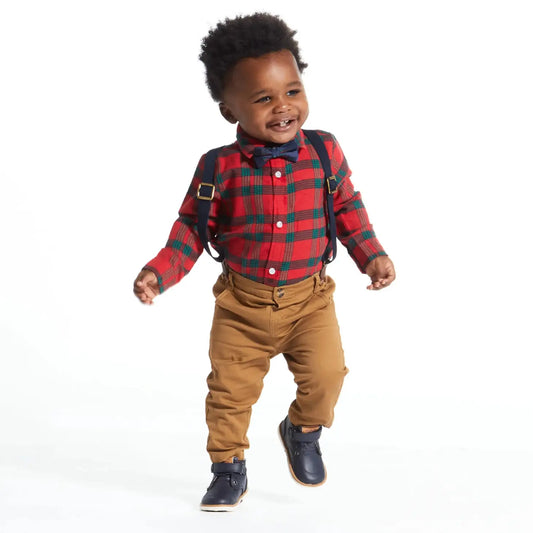 4-Piece Red Holiday Plaid Buttondown Shirt & Pant Set