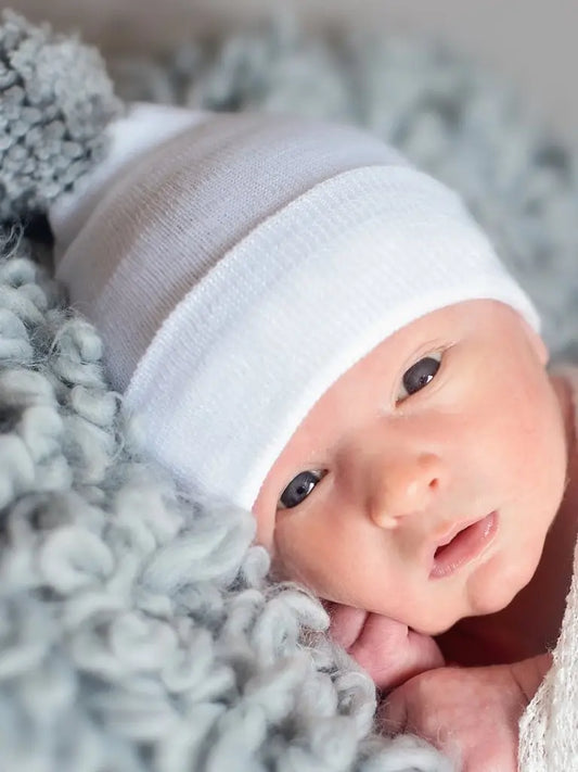 Newborn Hospital Hat with Pom | White with Grey Pom